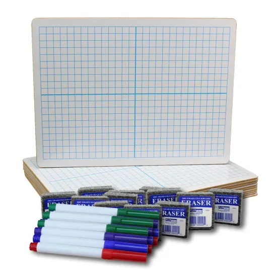 Two-Sided Dry Erase Boards, XY Axis/Plain, 9" x 12", with Colored Pens & Erasers, Class Pack of 12 {1}