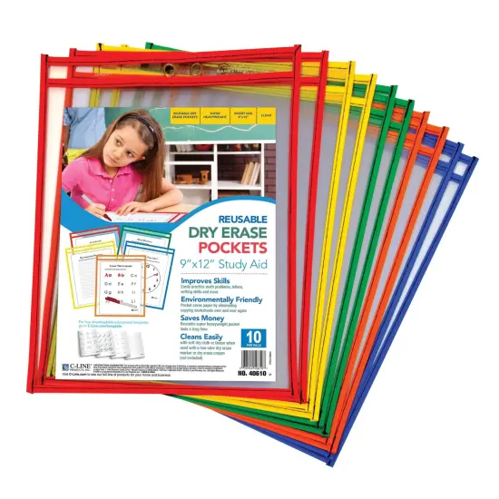 Reusable Dry Erase Pockets, Primary Colors, 9 x 12, Pack of 10 {1}