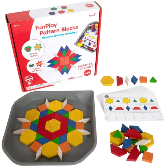 FunPlay Pattern Blocks - Set of 60 Wooden Math Manipulatives + 50 Activities + Messy Tray {1}