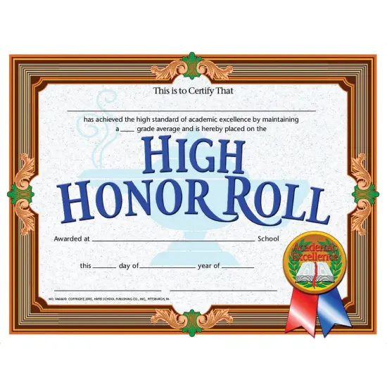 High Honor Roll Certificate, 8.5" x 11", 30 Per Pack, 3 Packs {2}
