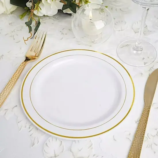 10 pcs Plastic WHITE with Gold Rim 8" PLATES Disposable {5}
