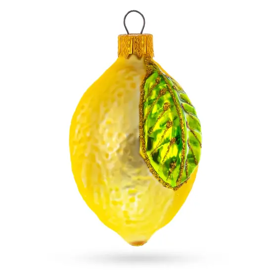 Lemon with Green Leaf Glass Christmas Ornament 3.7 Inches {1}