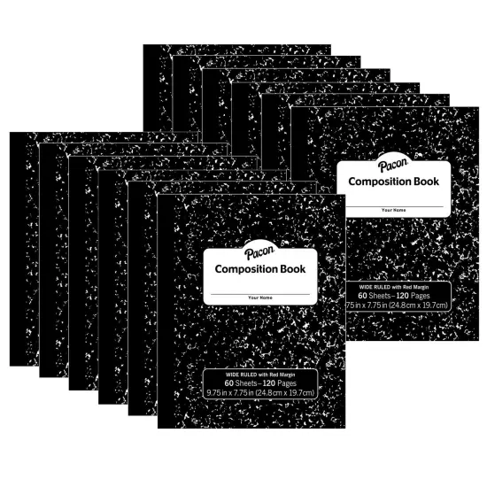 Composition Book, Black Marble, 3/8" Ruled w/Margin, 9-3/4" x 7-3/4", 60 Sheets, Pack of 12 {1}