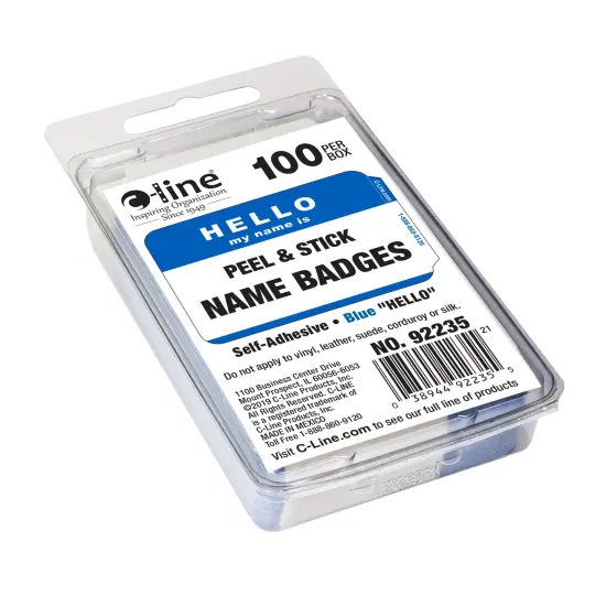 Pressure Sensitive Badges, Hello my name is, Blue, 3-1/2" x 2-1/4", 100 Per Pack, 5 Packs {2}