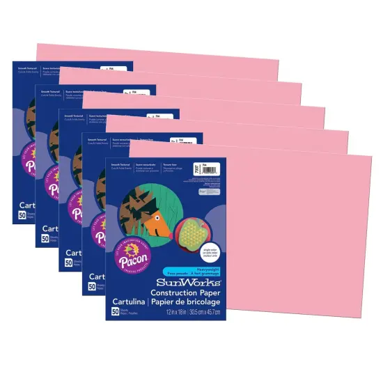 Construction Paper, Pink, 12" x 18", 50 Sheets Per Pack, 5 Packs {1}