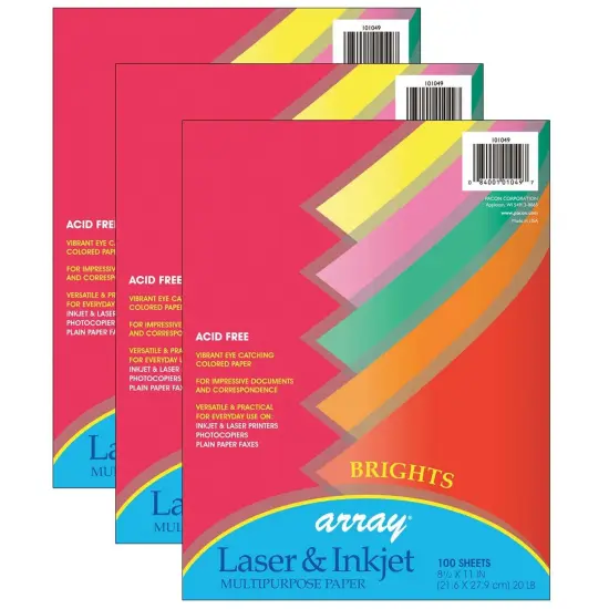 Bright Multi-Purpose Paper, 5 Assorted Colors, 20 lb., 8-1/2" x 11", 100 Sheets Per Pack, 3 Packs {1}