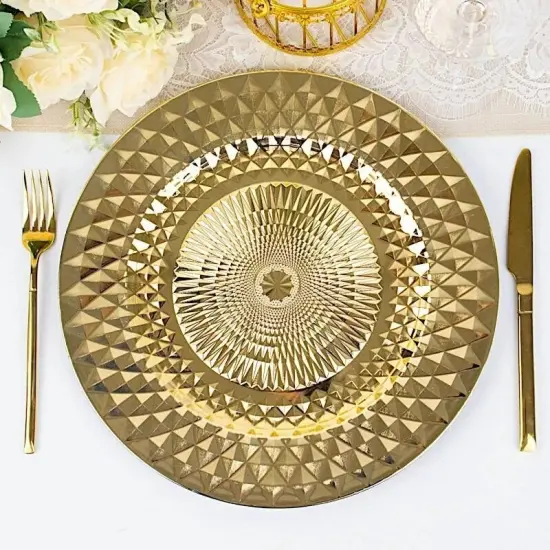 GOLD 6 Metallic 13" Round Plastic CHARGER PLATES Diamond Pattern {4}