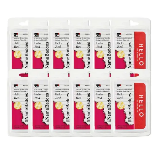 Self-Adhesive Name Badges, Hello, Red, 100 Per Pack, 12 Packs {1}