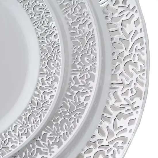 10 pcs Plastic WHITE with Silver Rim 6" PLATES Disposable {4}
