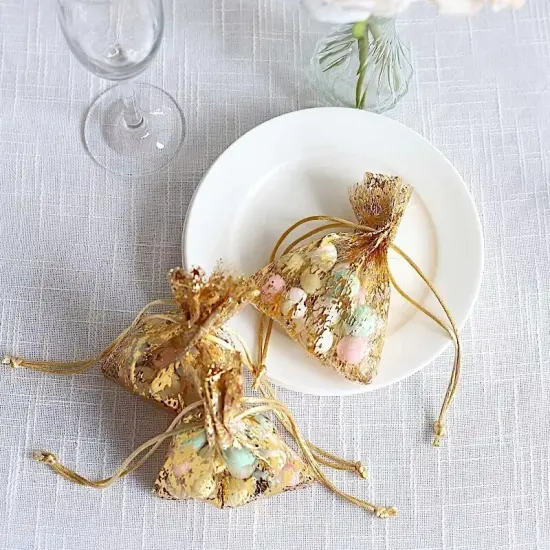 12 GOLD Metallic 4"x5" Polyester Wedding FAVOR BAGS Drawstring {2}