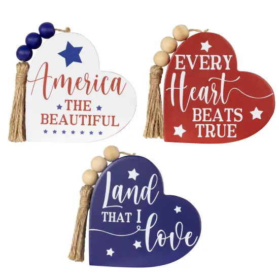 Northlight Patriotic Hearts with Beaded Tassels Wooden Signs - 3.75" - Set of 3 Red {1}