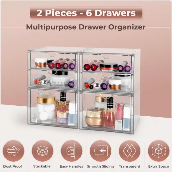 Sorbus 3 Drawers Acrylic Organizer for Makeup, Organization and Storage, Art Supplies, Jewelry, Stationary - 4 Pcs Clear Stackable Storage Drawers {6}
