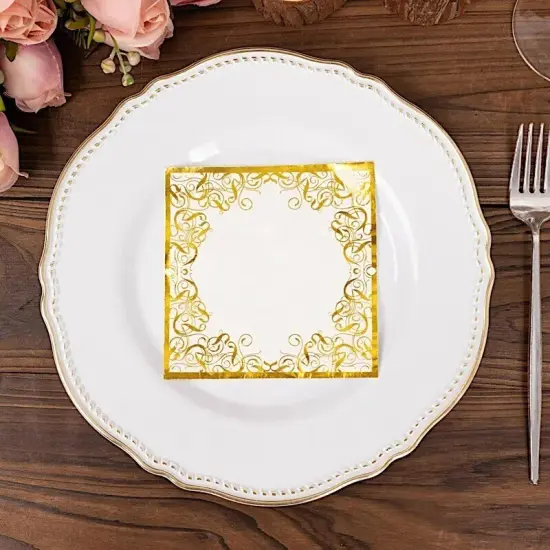 WHITE 20 Soft 3 Ply Paper Disposable Dinner NAPKINS GOLD Lace Design {4}