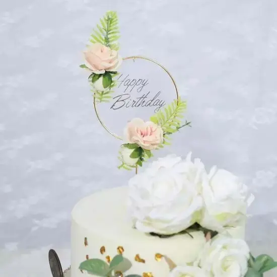 Gold Blush 8" Happy Birthday Cake Topper with Silk Rose Flowers {2}