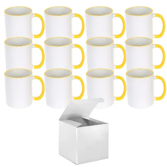 12 Pcs 11OZ Yellow Rim & Handle Sublimation Mugs With Individual White Boxes {1}