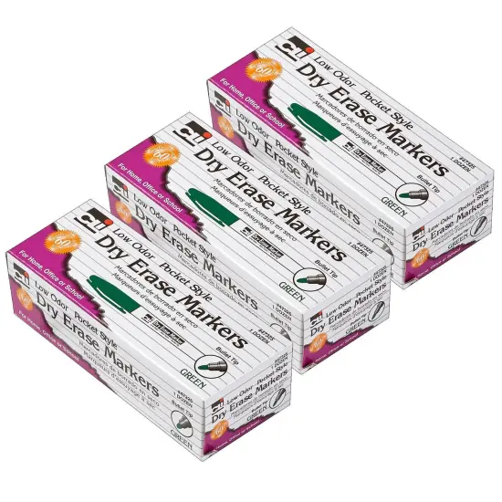 Dry Erase Markers, Low Odor, Pocket Style, Bullet Tip, Green, 12 Per Box, 3 Boxes {1}