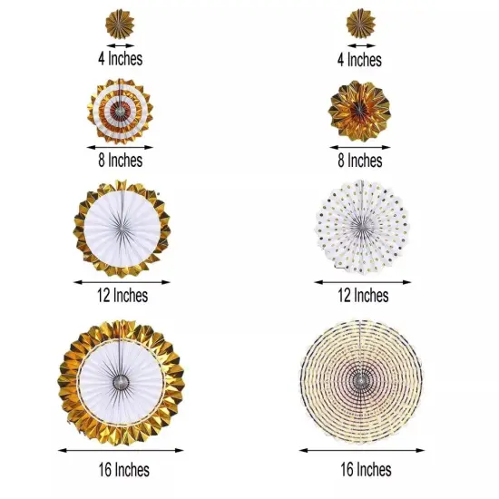 8 WHITE and GOLD Assorted Paper Fans Wall Backdrop {2}