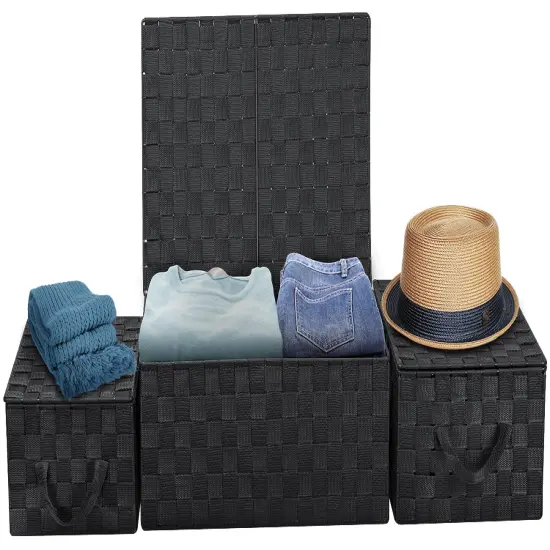 Sorbus 3 Pack Decorative Stackable Woven Basket with Lid and Built-in Rope Carry Handles - Great for Storage and Organization (Black) {6}