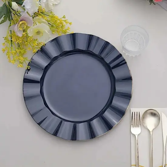 10 NAVY BLUE 11" Round PLASTIC Salad Dinner PLATES Gold Wavy Rim {2}