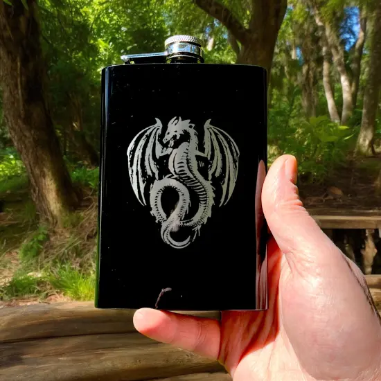 8oz BLACK Vintage Flying Dragon Flask {3}