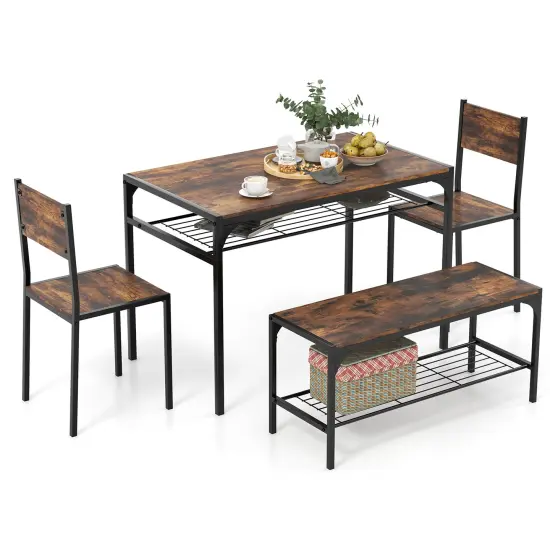 Wood Industrial Rectangular Dining Table with Bench and Metal Chairs Rustic Brown {4}