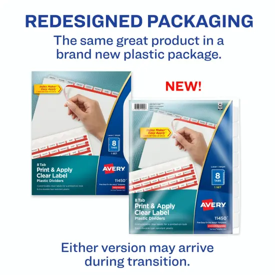 Avery 8 Tab Plastic Dividers for 3 Ring Binder, Easy Print & Apply Clear Label Strip, Index Maker Customizable Frosted White Tabs, 1 Set (11450) {2}