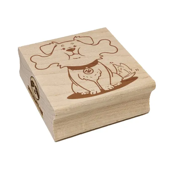 Happy Dog with Bone in Mouth Square Rubber Stamp for Stamping Crafting {1}
