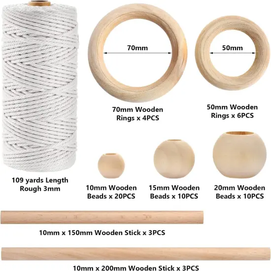 121Pcs Macrame Kit, Macrame Supplies 3Mm X 109Yards Macrame Cord for Macrame Kits for Adults Beginners, with Accessories like 100Pcs Beads and 10Pcs Wooden Rings for Macrame Plant Hanger Kit {3}