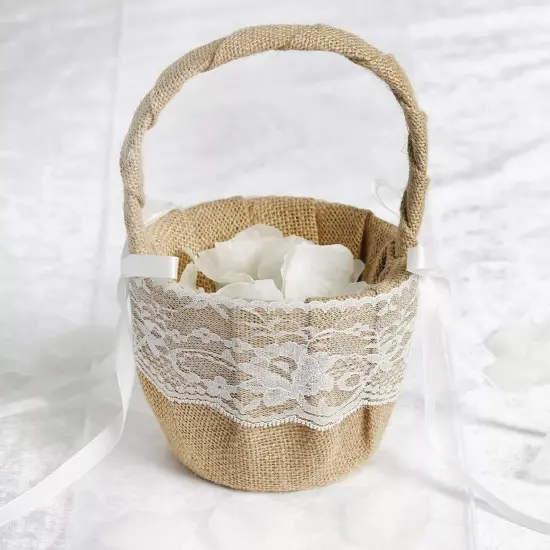Natural Burlap with Satin Ribbon Lace Flower Girl Basket {4}