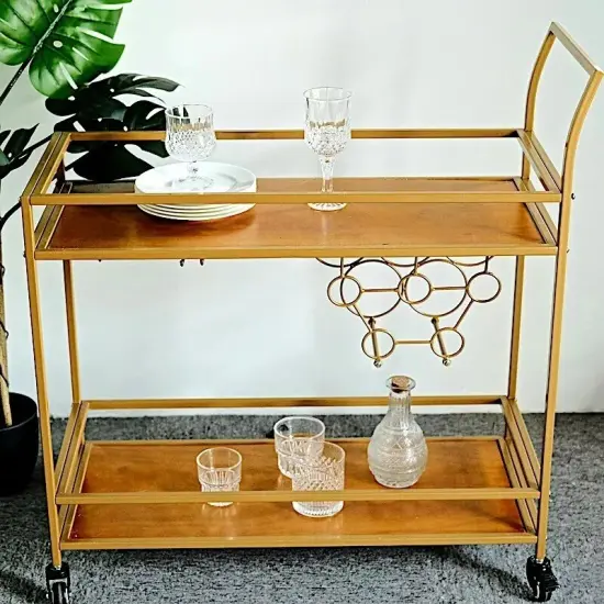 GOLD 3ft tall 2-Tier Rectangular Metal Bar Cart Wooden Serving Trays {5}