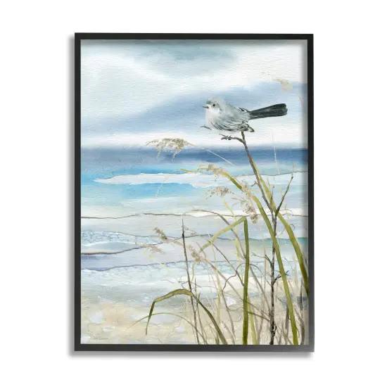 Stupell Industries Bird & Abstract Beach Framed Giclee Art Gray Frame {7}