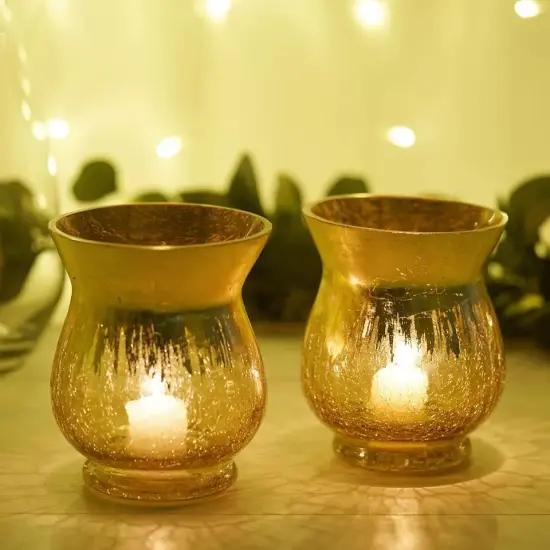 4 GOLD 6" tall Crackle Glass Candle Holders Vases {3}