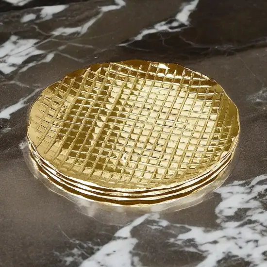 American Atelier Glass Coasters, Set of 4, Round, Check Pattern, Gold, 4.52" {2}