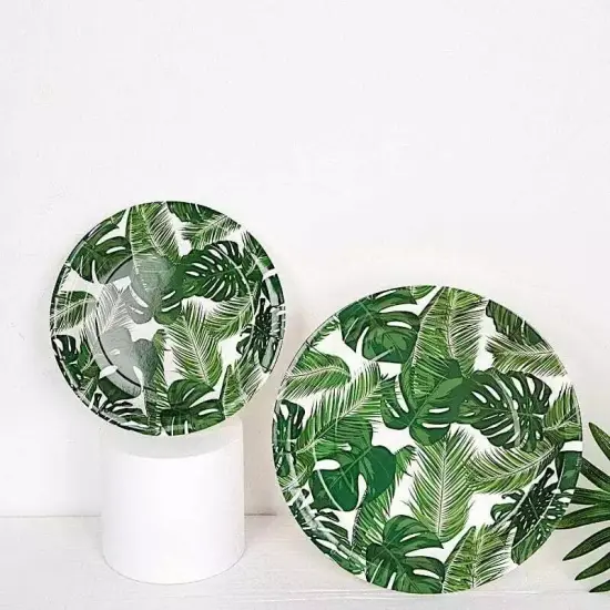 25 WHITE 9" Round Paper Plates with TROPICAL Leaves Design {2}