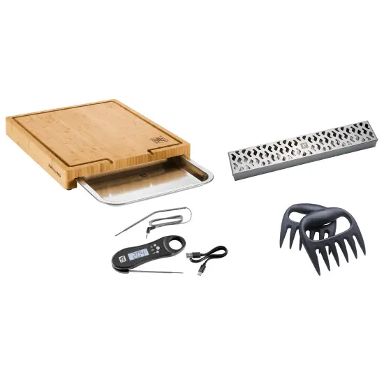 ZWILLING BBQ+ 4-pc Grill Smoker Set, Bamboo Cutting Board with Tray, Smoker Box, Digital Thermometer, Meat Claws {1}