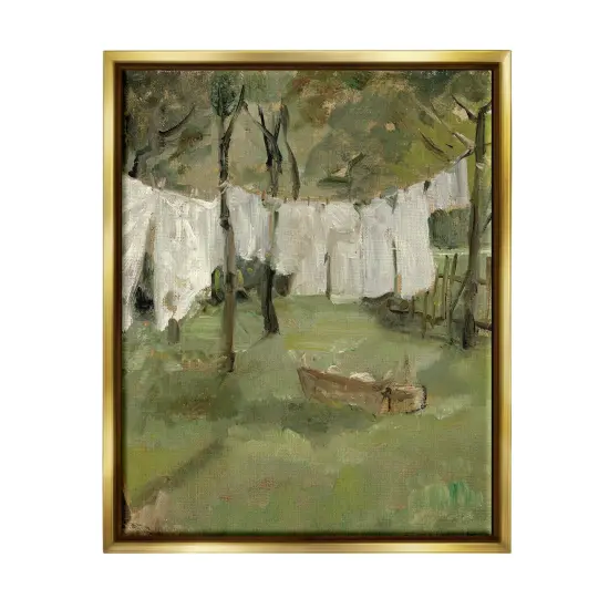Stupell Industries Classic Clothesline Yard Scene Framed Floater Canvas Wall Art Gold Floater Frame {1}