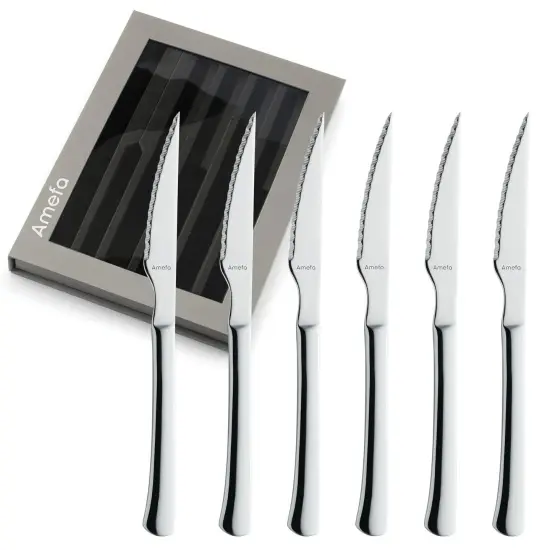 Amefa Chuletero Steak Knives, Set of 6 Micro Serrated Edge 4 Inch Blade {1}