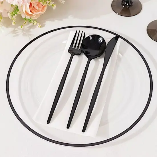 CLEAR 10 Round 10" PLASTIC Dinner PLATES Black Rim {2}