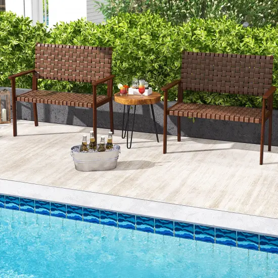 Outdoor All Weather Bench With Solid Rubber Wood Frame And Hand Woven Pu Leather {6}