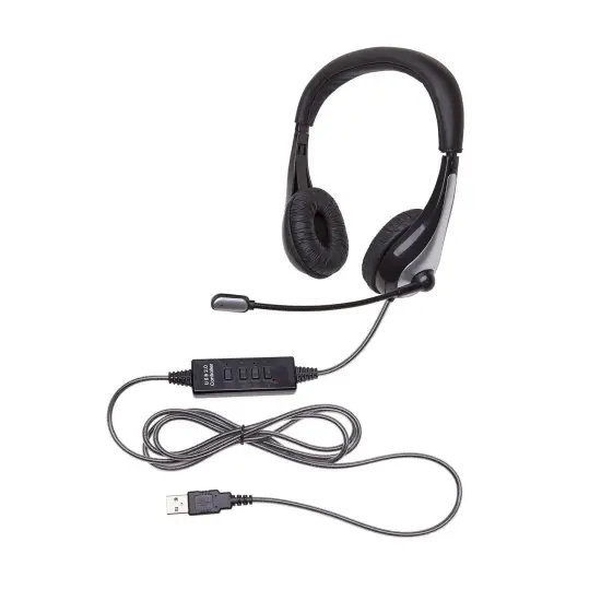 NeoTech 1025MUSB On-Ear Stereo Headset with Gooseneck Microphone, USB Plug, Black/Silver {1}