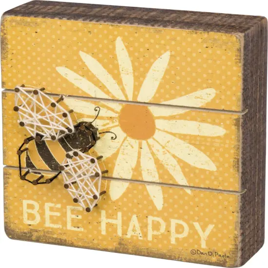 Slat String Art Box Sign, 6"" x 6"", Bee Happy {2}