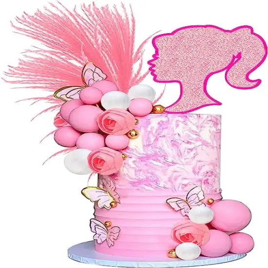 Barbie Style Vintage Pink Girl Cake Toppers 44pc Balls, Boho Reed Grass, Flowers, and Butterfly Cake Decoration Kit {1}