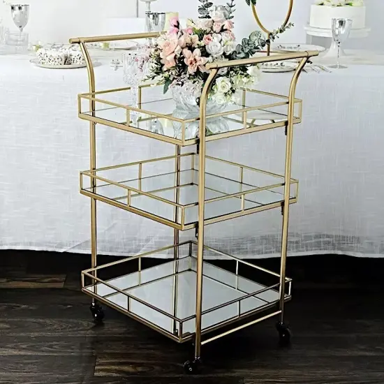 GOLD 3ft tall 3-Tier Rectangular Metal Bar Cart Mirror Glass Serving Trays {5}
