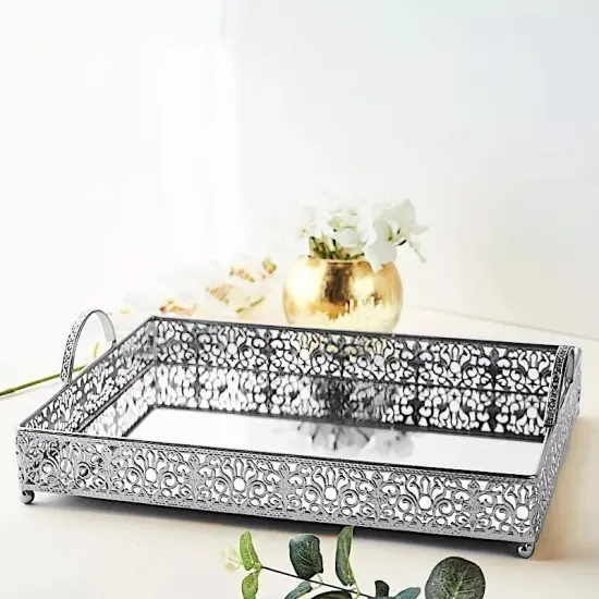 16" tall SILVER Metal Rectangular Rim Mirror Serving Tray Party {4}