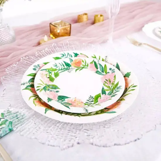 25 White 7" Round Paper Plates with Flower Wreath Design {1}