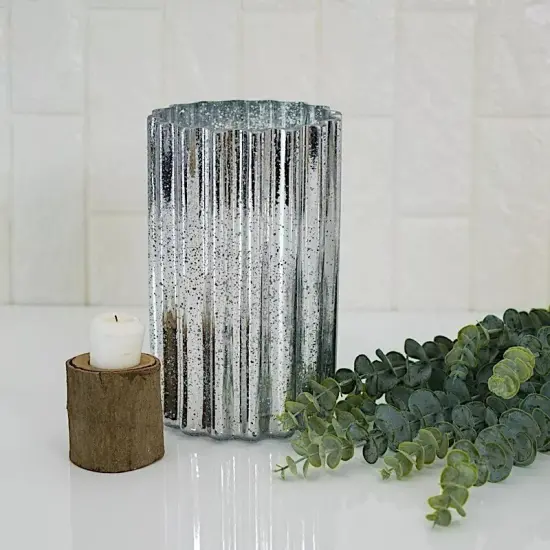 SILVER 9" Wavy Design Mercury GLASS Hurricane CANDLE HOLDER {4}
