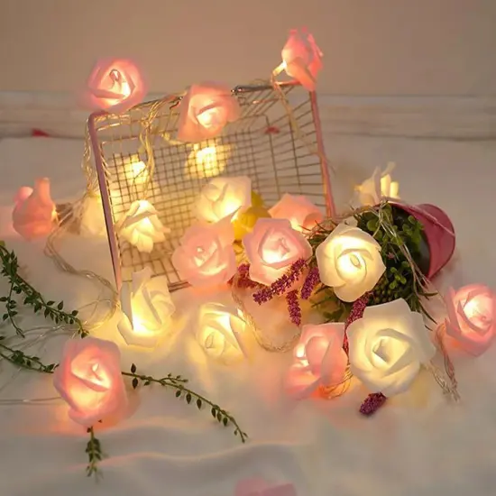 9.84 Ft 20 LED Rose Flower Lights String Battery Operated Pink {6}