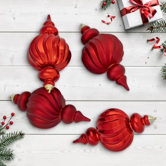 Northlight 2-Finish Commercial Size Finial Shatterproof Christmas Ornaments - 10" - Red - Set of 4 {1}