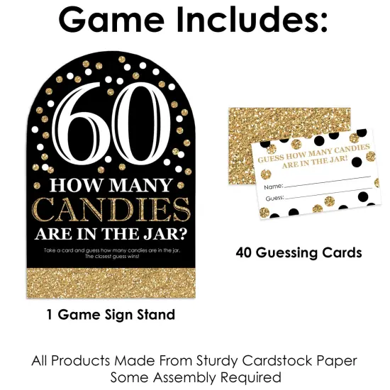 Big Dot of Happiness Adult 60th Birthday - Gold - How Many Candies Birthday Party Game - 1 Stand and 40 Cards - Candy Guessing Game {4}
