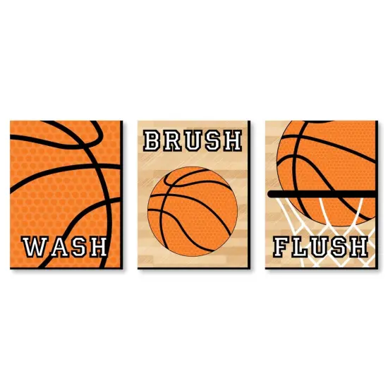 Big Dot of Happiness Nothin' but Net - Basketball - Kids Bathroom Rules Wall Art - 7.5 x 10 inches - Set of 3 Signs - Wash, Brush, Flush {1}